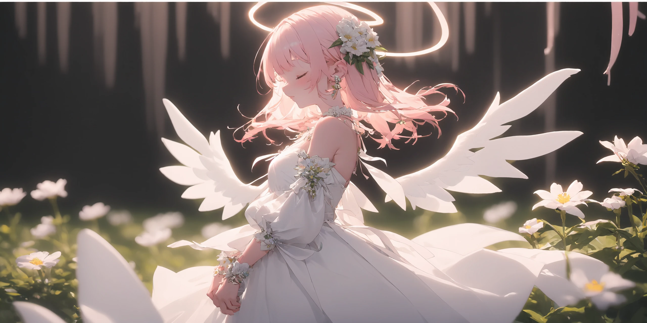 (masterpiece, best quality), blurry, depth of field, 1girl, solo, closed eyes, white dress, halo, hair flower, wings, detached sleeves, from side, wrist cuffs, pink hair, bare shoulders, jewelry, bangs, earrings, ribbon, white flower, medium hair