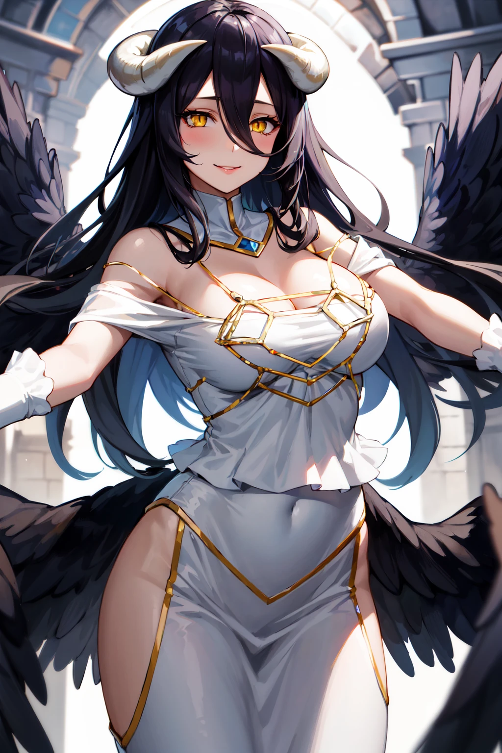 masterpiece, best quality, highres, al1, demon horns, slit pupils, white gloves, white dress, bare shoulders, detached collar, cleavage, black wings, feathered wings, low wings, <lora:albedo_(overlord)_v10:0.7>, cowboy shot, standing, dungeon, evil smile, reaching out, spread arms, outstretched arms,