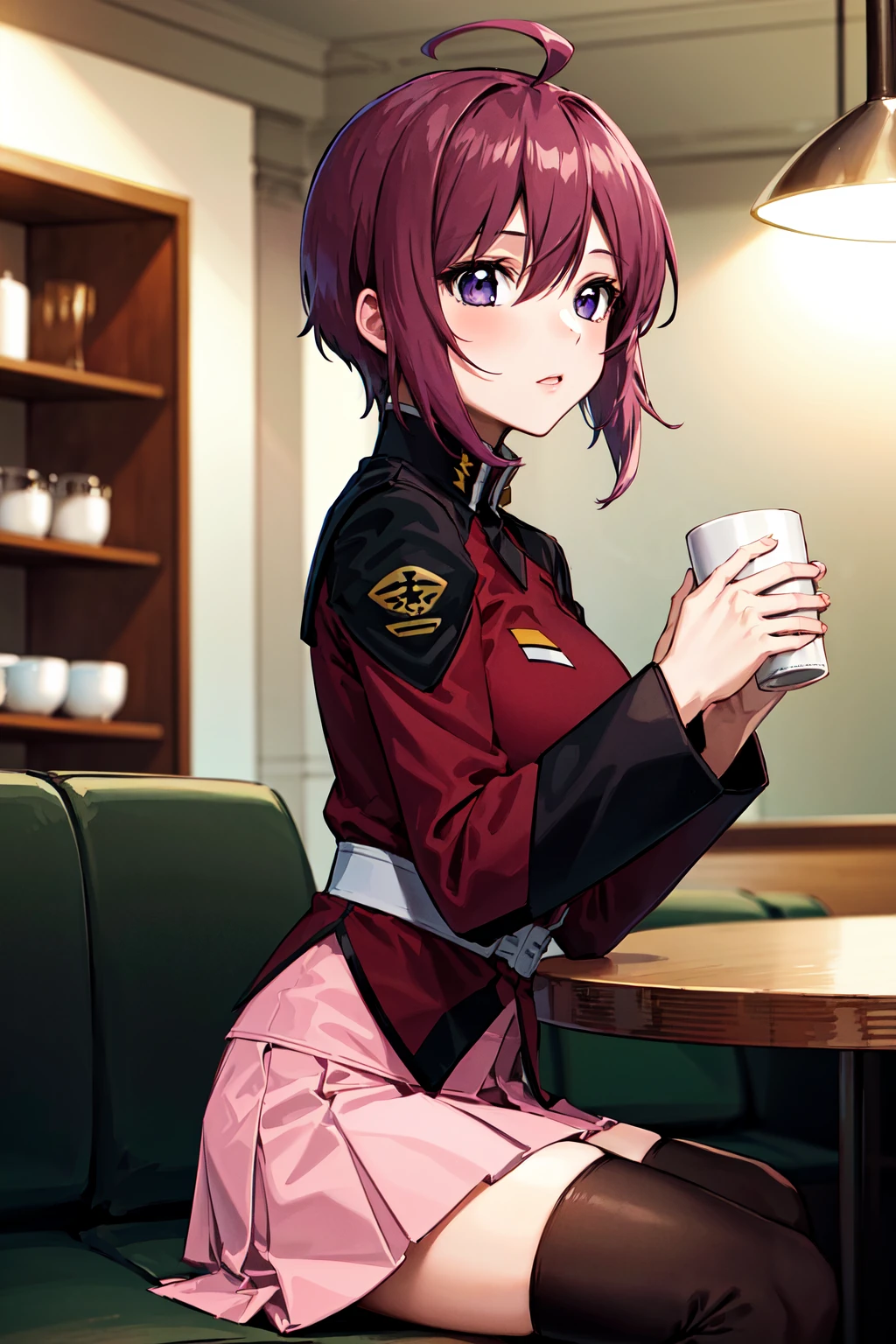 masterpiece, best quality, highres, 1girl, solo, pink skirt, military uniform, short hair, ahoge, black thighhighs, red hair, purple eyes, purple hair, long sleeves, <lora:lunamaria_hawke_v10:0.7>, indoor, cafe, sitting, holding cup