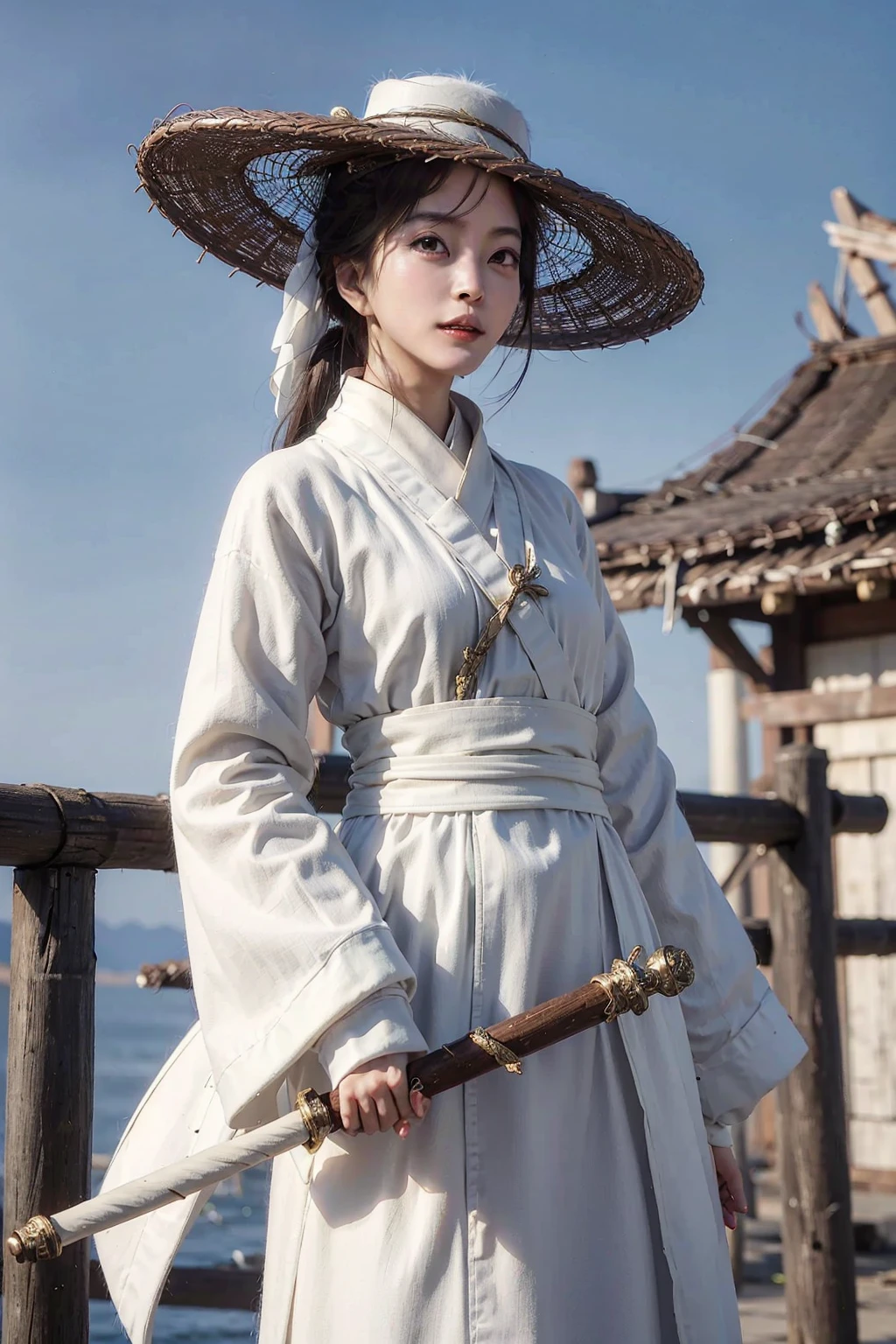 1girl dress like move The Flying Swords of Dragon Gate, white_linen_clothes, furry_coat, bamboo_hat, masterpiece, best quality, 8k, photorealistic, <lora:Han_Ye_Seul_v3:1>