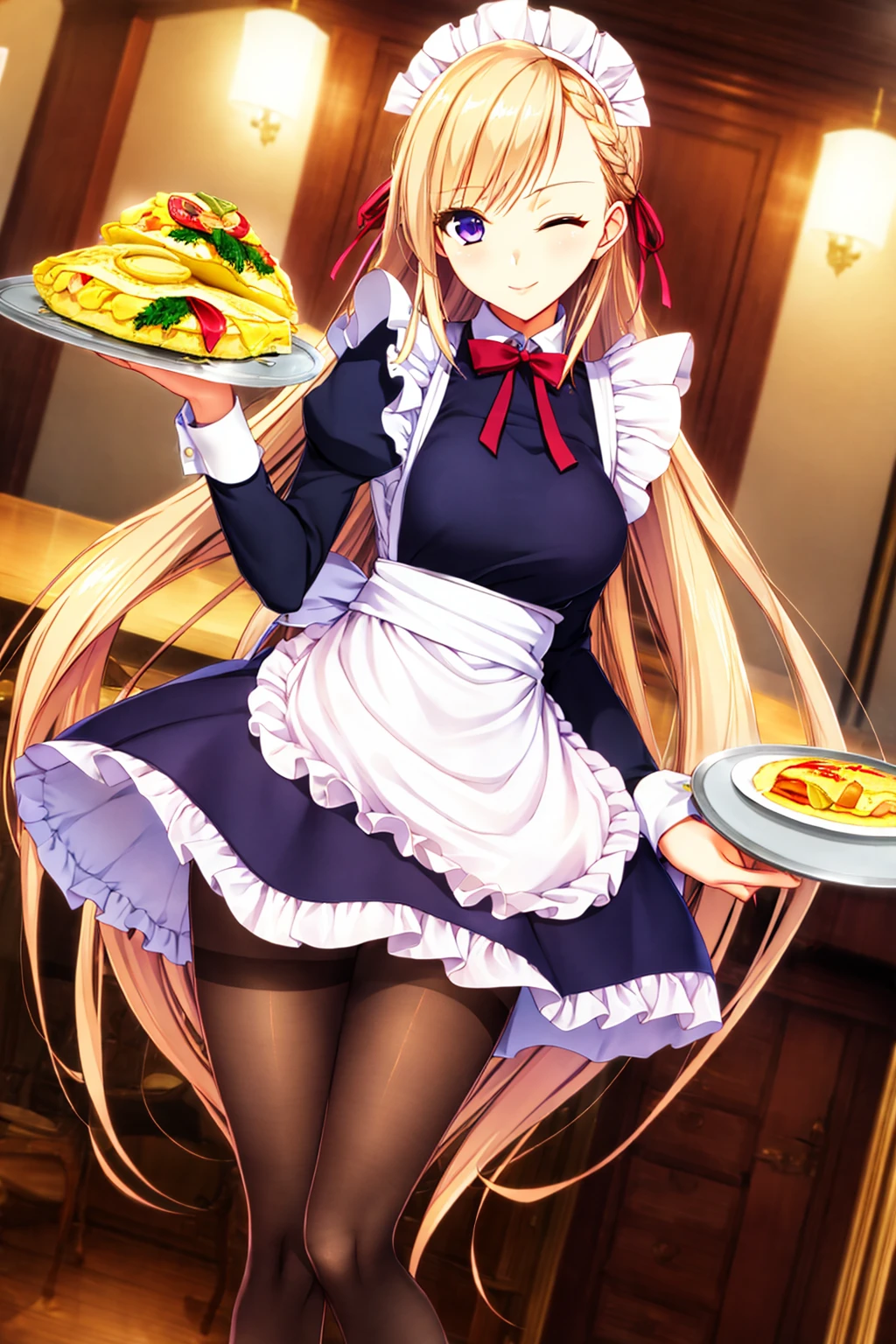 master, chief masterpiece, high quality, best quality,
1girl, one eye closed, solo, long hair, pantyhose, food, dutch angle, brown hair, maid, smile, maid headdress, omurice, apron, ribbon, plate, black pantyhose, blue eyes, indoors, frills, red ribbon, skirt hold, very long hair, holding, ;), purple eyes, tray, looking at viewer, omelet, long sleeves, braid, table, chair, skirt, hair ribbon, standing, waitress
<lora:last:1>