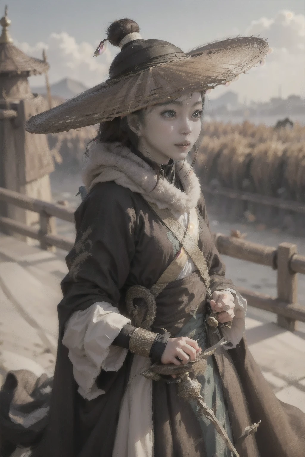 1girl dress like move The Flying Swords of Dragon Gate, grassland,Ancient Chinese fortresses background, city walls, cape, furry_coat, furry_cloak, linen_clothes, bamboo_hat, masterpiece, best quality, 8k, photorealistic, <lora:Han_Ye_Seul_v3:1>