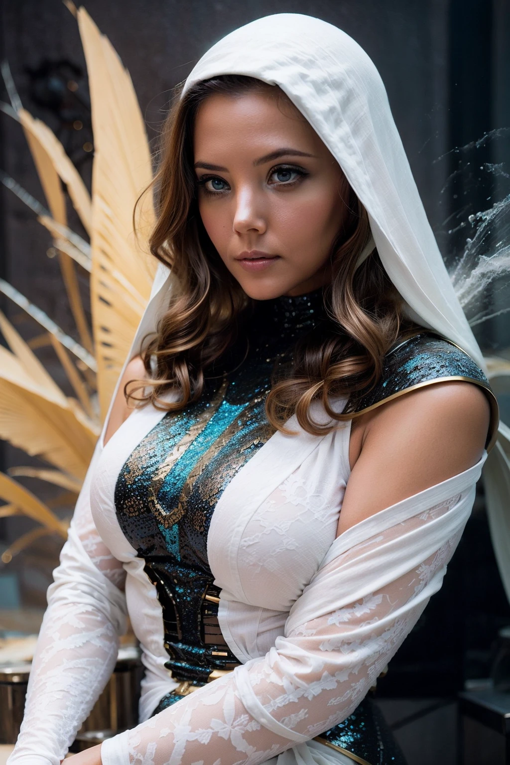 <lora:Katya_Clover:0.95> , Porcelain Skin, hyper-realistic sci-fi, black & white curves, polished Porcelain metamorphosis, red details, cybermysticsteampunk, Flowing forms, Veristic Surrealism, made of tiles mixed with azulejo & golden oil veins, by Frazetta & Peter Elson & Franz Kline & Ivan Bilibin & Moebius, flowing hair made of crashing waves, scifi goggles with Moroccan rococo detailing, retropunk forcepunk, thick ancient abstract symbol patterns, tarot, minimalism, smooth shiny porcelain, cinematic raking light, stunning, subsurface scattering, chromatic aberration