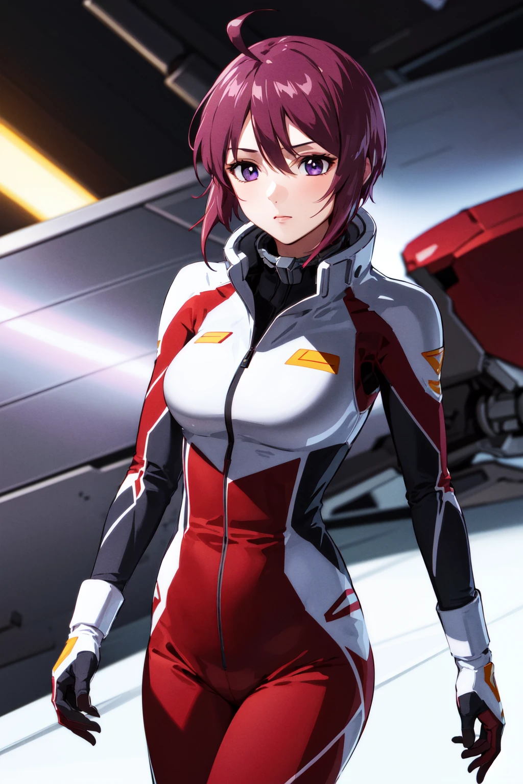 masterpiece, best quality, highres, 1girl, solo, short hair, ahoge, red hair, purple eyes, purple hair, pilot suit, gloves, <lora:lunamaria_hawke_v10:0.7>, cowboy shot, standing,