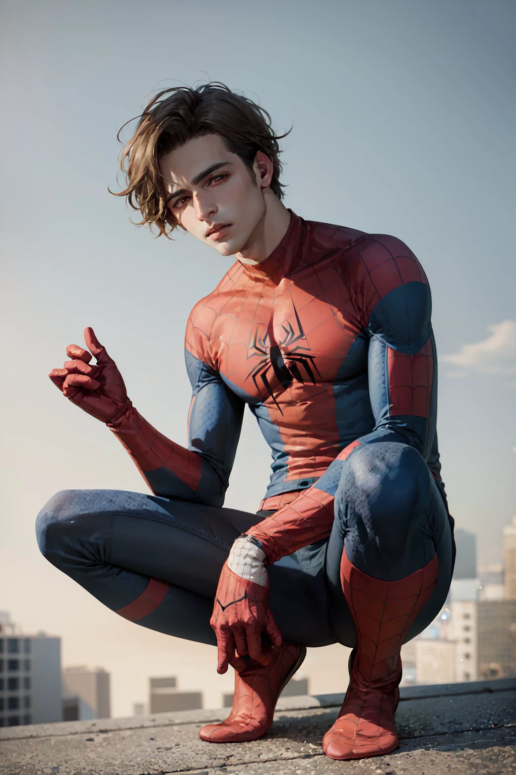 (masterpiece, best quality:1.2), <lora:attire_spider-man-12:1>, solo, male focus, 1boy, expressionless, looking at viewer, squatting, short hair, (streaked hair:1.1), red eyes, spider suit, spider web print, spider web, rooftop