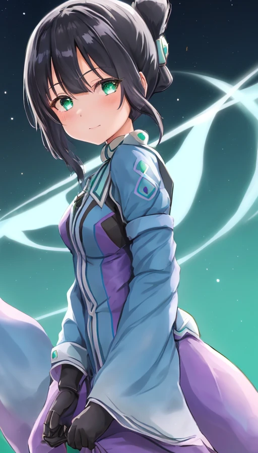 <lora:Washio_Sumi-10:1>,Washio Sumi,,masterpiece, best quality, 1girl,solo,black hair,gloves,turquoise eyes, purple gloves, bodysuit, short hair, wide sleeves,folded ponytail, (side hair ornament), magical girl,between eyes,magical girl,wide sleeves, blue dress,wide sleeves,green stripes