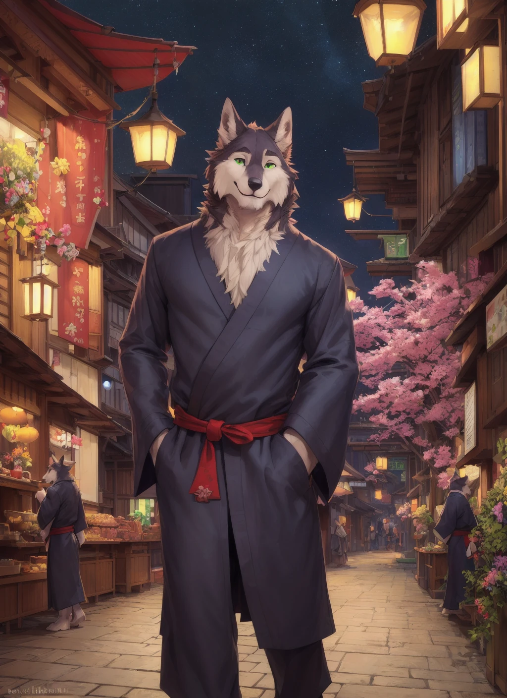 shoichi, <lora:shoichi-09:0.7>, uploaded on e621, by Pixelsketcher, by Bayard Wu, by Thomas Benjamin Kennington , by Einshelm, solo, adult, full body, street, night, festival, Japanese festival, green eyes, detailed background, yukata, Japanese clothes, smile, food stands, wagashi, (green yukata with flowers pattern)
