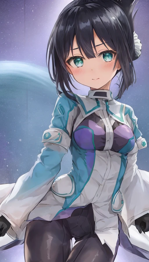 <lora:Washio_Sumi-10:1>,Washio Sumi,,masterpiece, best quality, 1girl,solo,black hair,gloves,turquoise eyes, purple gloves, bodysuit, short hair, wide sleeves,folded ponytail, (side hair ornament), magical girl,between eyes,magical girl,wide sleeves, blue dress,wide sleeves,green stripes