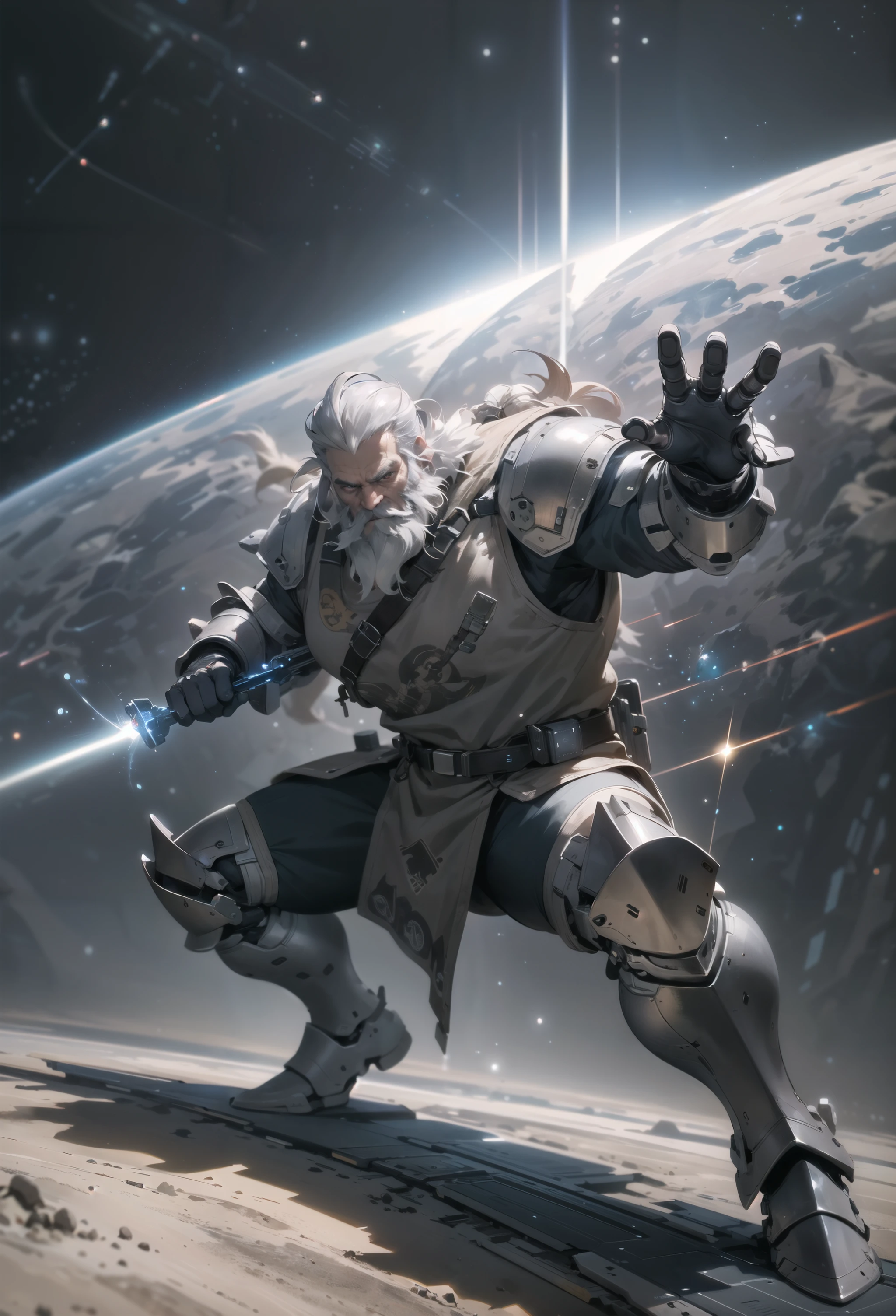 modelshoot of middle aged black bearded viking, scifi battle armour, fighting pose, futuristic background, highly detailed, spaceships in background.