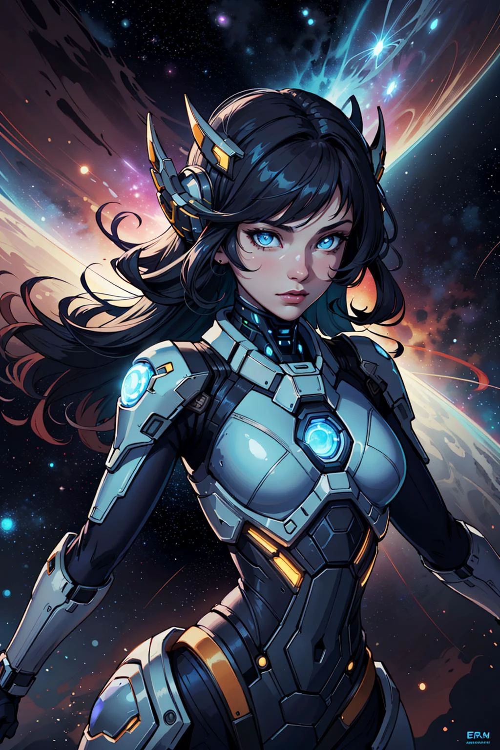 (inked original-art:1.2), (lineart:1.31), (fine-details:1.3), RAW-format, (movement:1.4),
1 girl, adult (elven:0.7) woman, blue eyes, black prom hairstyle,
solo, half shot, looking at viewer, detailed background, detailed face, (<lora:TerranAIv2:0.5>, TerranAI, starcraft theme:1.1) (glowing eyes:1.05), living star constellation, star sign, horoscope, at peace, benign, aries, esoteric geometric patterns, interstellar power, stars, bright light green lights, glow, metaphysics, enlightenment, floating particles, cosmic dust, cosmic space background, dreamlike ethereal atmosphere,