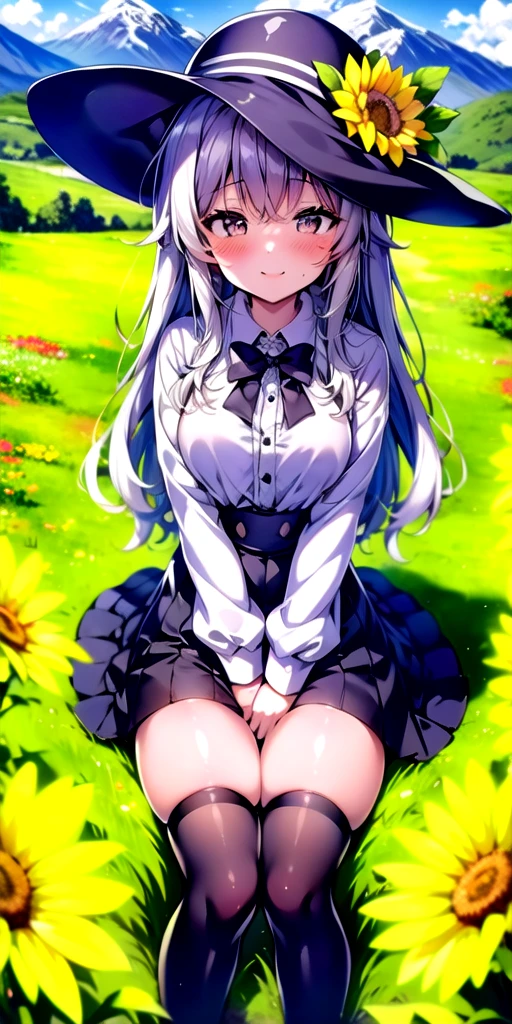 masterpiece, 4k, high quality, highly detailed, detailed face, HDR, vivid colors, natural lighting, mountains background, sunny, (summer), sitting on a meadow, flower meadow, very much flowers, colorful flowers, diverse flowers, girl, 1girl, solo, medium breasts, black and white hair, long hair, flower in hair, hat, white hat, oversized hat, black and white eyes, (happy face, embarrased face, lovely face), shy, school uniform, black skirt, thigh highs, white oversized pullover, from above