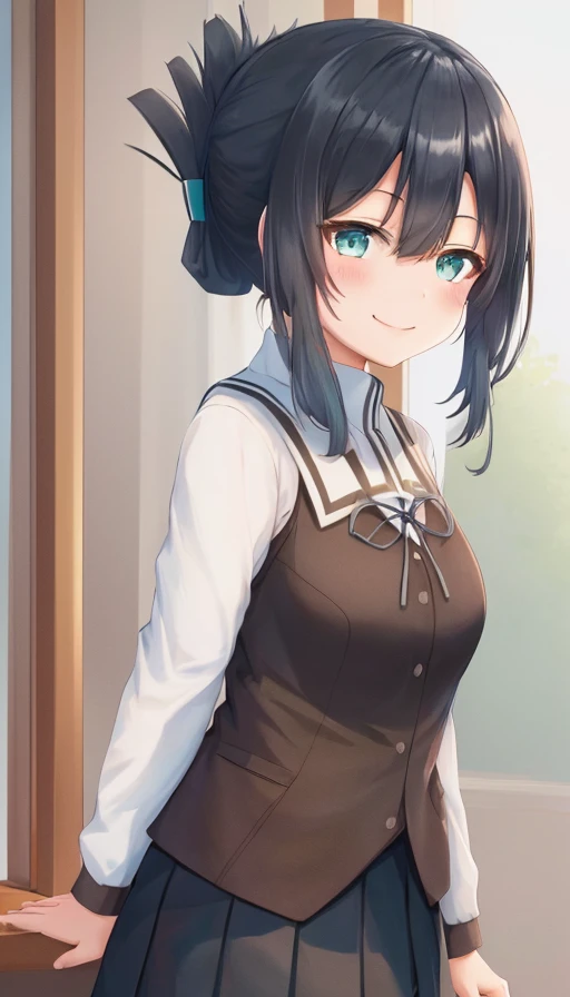 <lora:Washio_Sumi-10:1>,Washio Sumi,masterpiece, best quality, 1girl,solo,turquoise eyes,smile, black hair,folded ponytail, school uniform,pleated skirt, black skirt, long sleeves, ribbon, puffy sleeves, vest, blush, hair between eyes