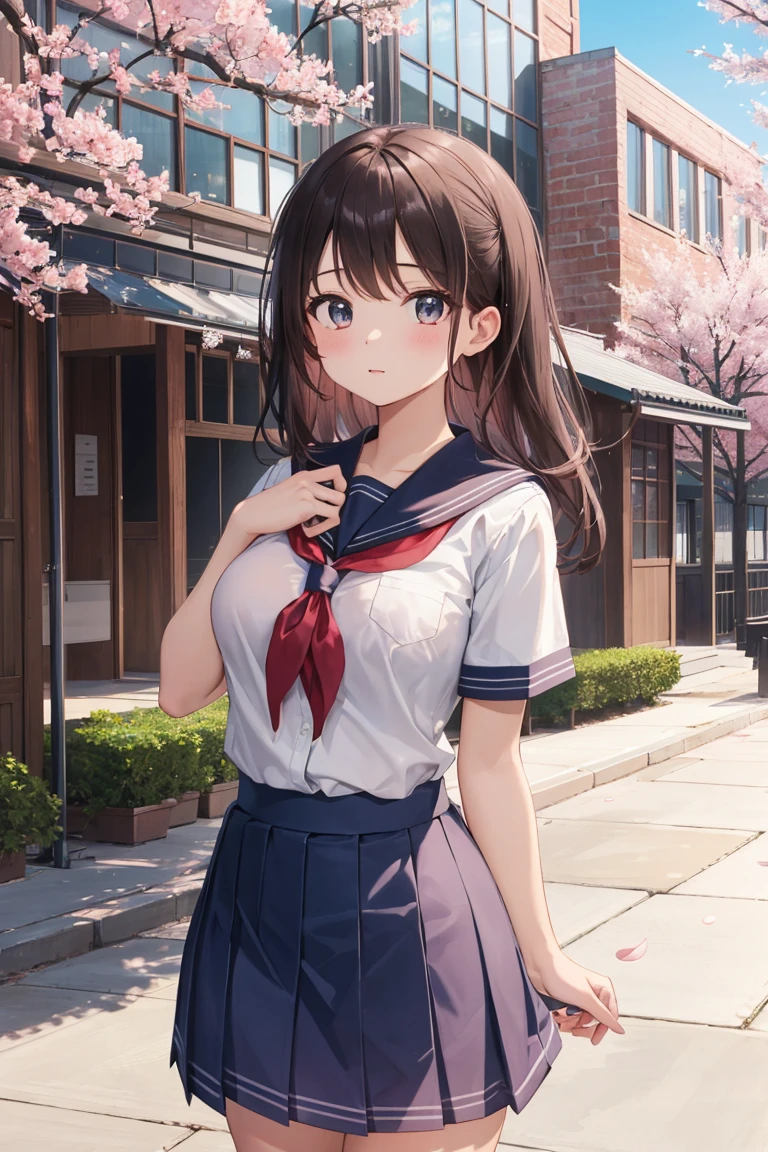 masterpiece, best quality, high resolution, extremely detailed, detailed background, cinematic lighting, 1girl, cute, , school uniform, skirtlift, public indecency, looking at viewer, buildings, outdoor, cherry blossoms, bokeh,