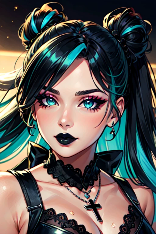 masterpiece, best quality, 1girl, solo, long hair, twin tails, hair buns, multicolored hair,two-tone hair, white hair, green hair, black hair,bangs, makeup, black lips, lipstick, mascara, eyeshadow, cross necklace, hair bow, front bow, lace jacket, sexy, lace gloves, fishnets, black leggings, gothic attire, dynamic angle, side lighting, shiny skin, detailed eyes, detailed face, water flowing, wind swept hair, glitter ,