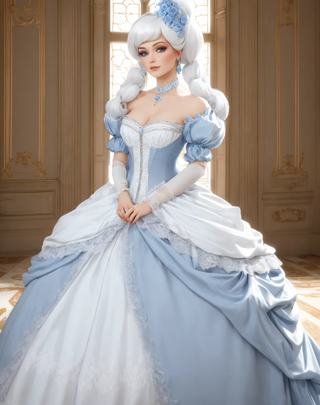 4K, Masterpiece, highres, absurdres,
[ballgown|edgMarquise], a woman with a white wig and a blue gown,with a edgMarquise_hairstyle,wearing a ballgown
 <lora:MarquiseGown:0.7>