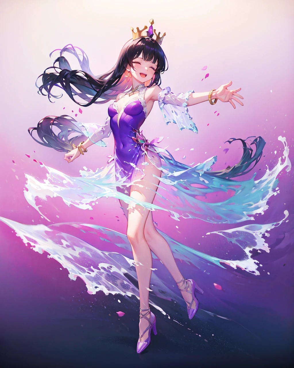 liquid clothes, 1girl, dress, solo, long hair, black hair, closed eyes, smile, high heels, open mouth, jewelry, full body, bangs, bracelet, purple footwear, :d, purple dress, bare shoulders, see-through, blunt bangs, detached sleeves, crown, outstretched arms, very long hair, pink dress,  <lora:LiquidClothesV1:1>,