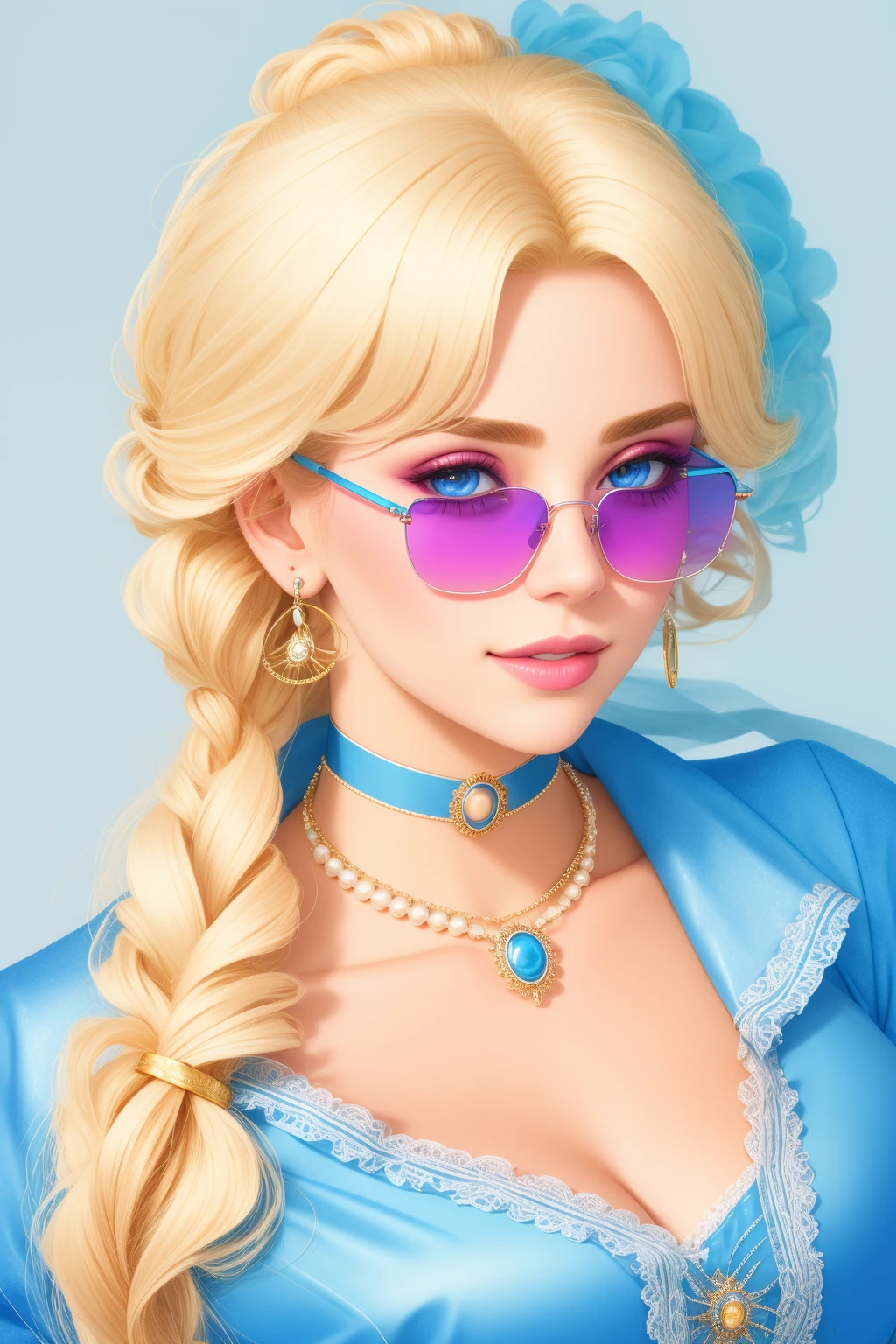 4K, Masterpiece, highres, absurdres, blonde Nadia with a choker and sunglasses, <lora:Nadia:0.3>
1girl, solo, looking at viewer, blue eyes, blonde hair, dress, ribbon, jewelry, hair ribbon, necklace, mole, lips, makeup, lipstick, portrait, eyeshadow, curly hair, realistic, pearl necklace, with edgMarquise hairstyle,face focus, face shot, portrait
<lora:edgMarquise:0.9>