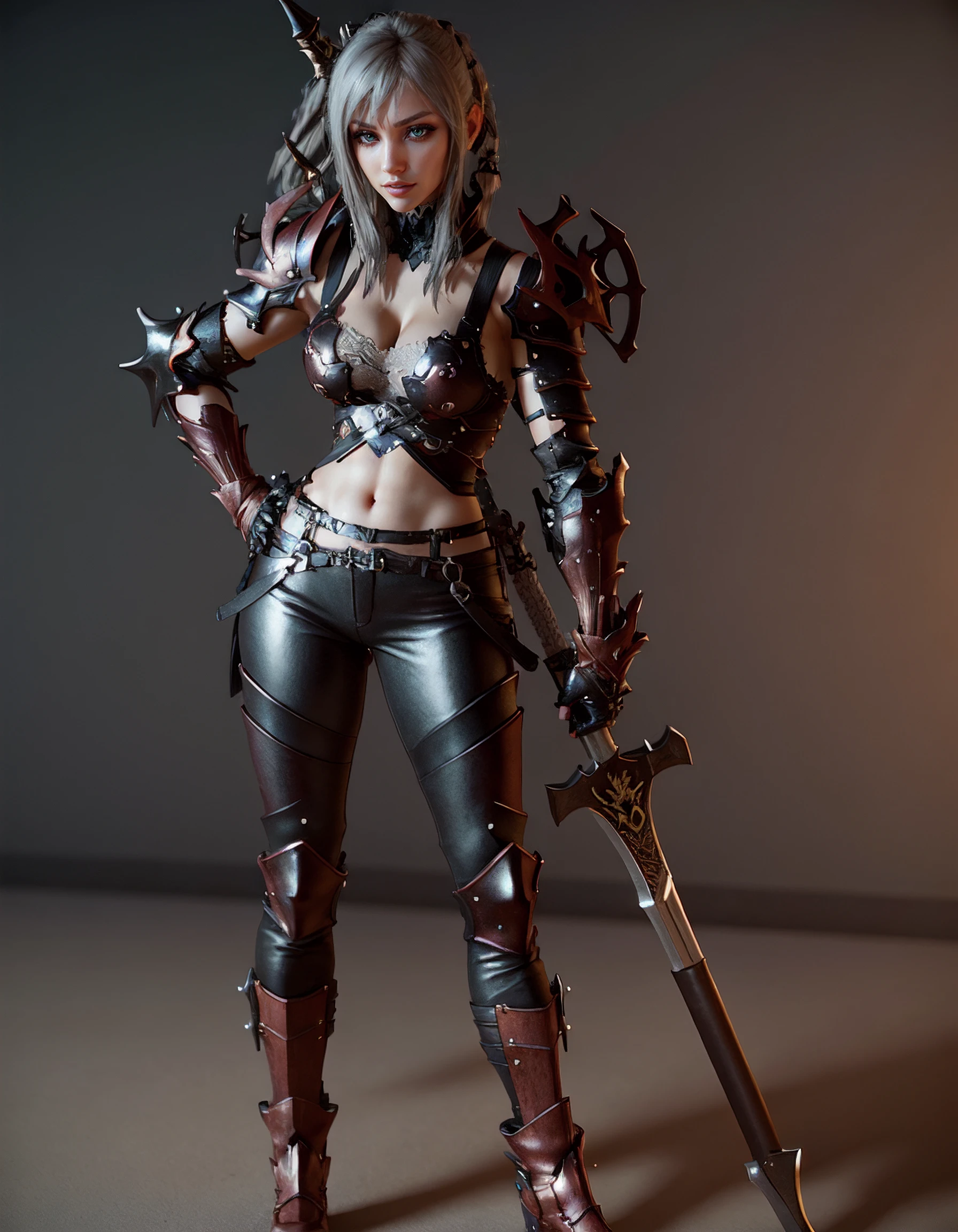 (high quality:1.3), highly detailed, (3D, cycle render, computer graphics, raytracing:1.2),
AraneaHighwind, battle stance, holding weapon, lance, desert with mountains background, blue skies, (full body shot:1.15),
grey hair, hime cut, blunt bangs, lipstick, makeup, black eyeshadow, eyelashes, (ultra detail hair:1.1), ultra realistic hair, ultra detail face, green eyes, (perfect eyes, perfect face:1.1),
Armor, breastplate, (greaves:1.2), pants, gauntlets, shoulder armor, pauldrons,
(Large Breasts:1.2), cleavage, <lora:AraneaHighwind-000009:0.9>, <lora:add_detail:0.3>