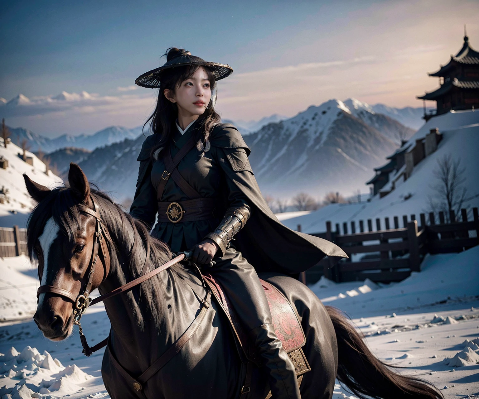 1girl dress like move The Flying Swords of Dragon Gate, big_breasts, bamboo_hat, black_linen_clothes,furry_cape,furry_cloak, furry_coat, horseback_riding, horse, Ancient Chinese fortresses background, city walls, desert, snow, outdoors, realistic, riding, masterpiece, best quality, 8k, photorealistic,
<lora:bamboohat_v1:0.4>