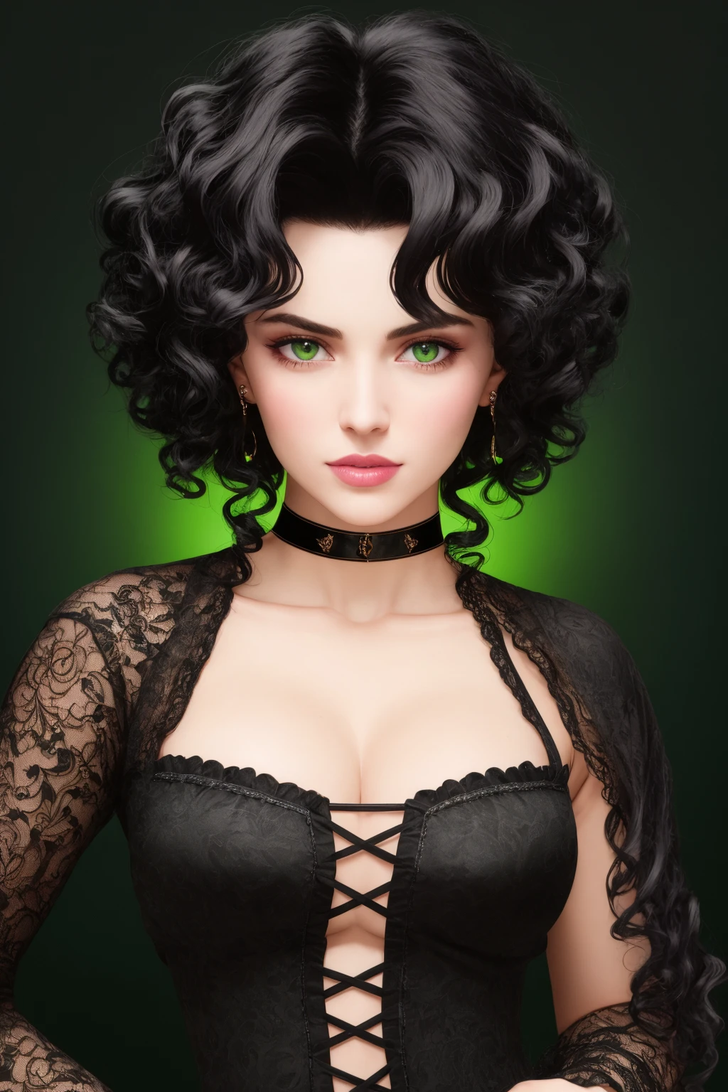 4K, Masterpiece, highres, absurdres,
1girl, solo, looking at viewer, simple background, black hair, white background, green eyes, upper body, choker, lips, black choker, curly hair, realistic, with edgMarquise hairstyle,face focus, face shot, portrait
<lora:edgMarquise:1>