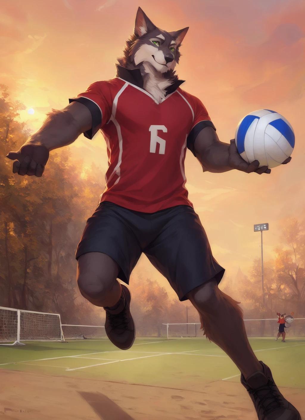 shoichi, <lora:shoichi-09:0.7>, uploaded on e621, by Pixelsketcher, by Bayard Wu, by Thomas Benjamin Kennington , by Einshelm, solo, full body, volleyball uniform, volleyball, volleyball court, green eyes, red uniform