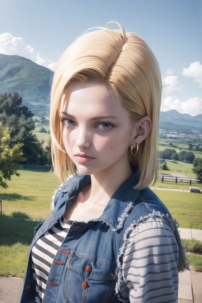 masterpiece, (photorealistic:1.4), best quality, beautiful lighting, Android18DB, solo, earrings, jewelry, looking_at_viewer, jacket, denim, shirt, upper_body, vest, denim_jacket, cloud, sky, black_shirt, closed_mouth, day, blue_sky, outdoors, torn_clothes, striped, striped_sleeves, mountain,  RAW photo, 8k uhd, film grain, <lora:Android18DB:1.2>