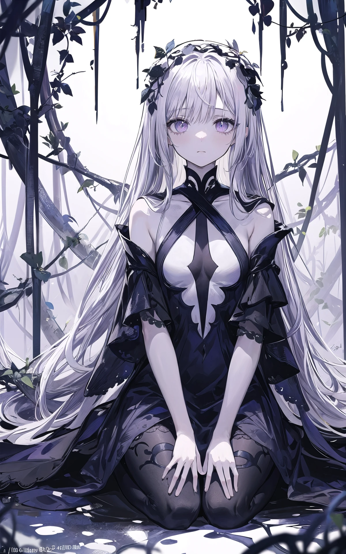 ((masterpiece:1.4, best quality))+, (ultra detailed)+,(ultra detailed eyes)+,
(cute 1girl),,(violet eyes:1.15),silver hair, very long hair,(wariza:1.2),pale skin,closed mouth,sad,
(She is dressed in a gown made of intertwining vines:1.5),(flat chest:1.2),(vines dress:1.4),(dress made of vines:1.2),(surrounded by vines:1.4),
(despair:1.3),gothic,
(dark yellow vines:1.3),leaves,(vines tree:1.1),
(dawn light:1.2),violet,
(heavy Monochrome:1.16),(depth of field:1.4),
<lora:add_detail:0.6>,
<lora:NetherRainLora:0.6:color>,