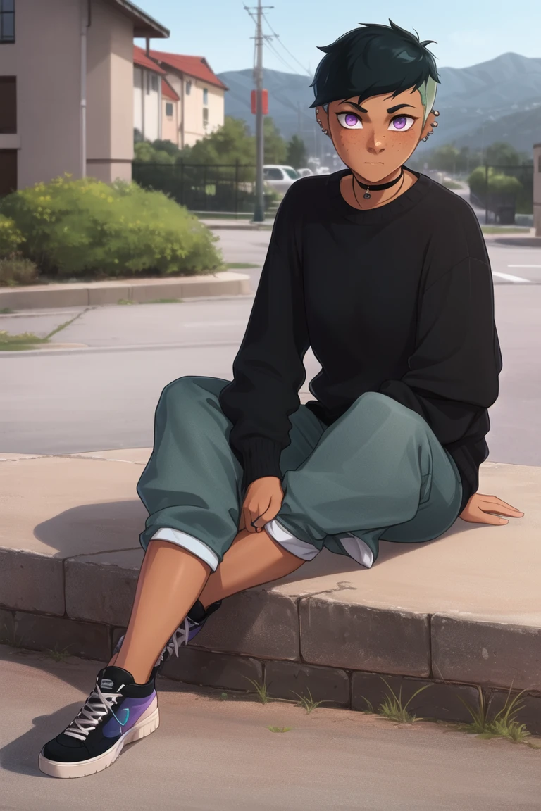 <lora:riley_fairfeather:0.8>, riley fairfeather, masterpiece, best quality, freckles, solo, dark skin, piercing, 1girl, short hair, green hair, multicolored hair, very short hair, dark-skinned female, shoes, sneakers, ear piercing, sitting, purple eyes, sweater, black hair, blue sweater, choker, undercut, blush, sleeves past wrists, gradient hair, black footwear, two-tone hair, nose piercing, black choker, full body, pants, indian style, looking away, looking to the side, outdoors,