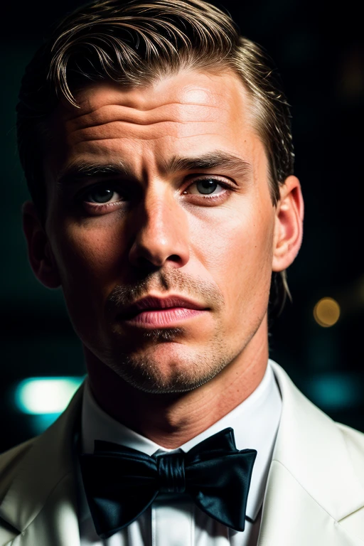 RAW face closeup portrait of a man wearing a tuxedo, professional photography, in blade runner, high resolution, 4k, 50mm, vaporwave, photo by Brooke Shaden, close portrait