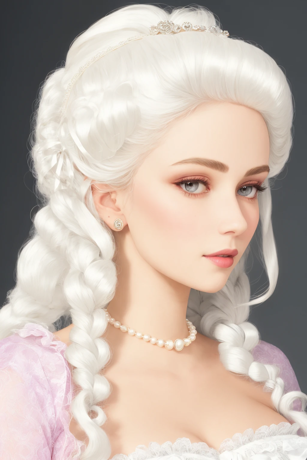 4K, Masterpiece, highres, absurdres,
1girl, solo, looking at viewer, simple background, gloves, dress, ribbon, jewelry, hair ribbon, braid, white hair, parted lips, necklace, grey eyes, makeup, pink background, portrait, lace, eyeshadow, realistic, pearl necklace, lace gloves, with edgMarquise hairstyle,face focus, face shot, portrait
<lora:edgMarquise:1>