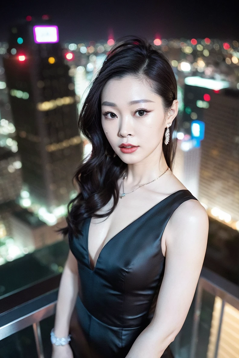 songyi, chineseidol, 1girl, flat chest,  cowboy shot, 
(Photo shot from above of a beautiful standing girl at the corner of a high-rise building, who is watching an awe-inspiring long exposure shot of the city at night with a dramatic contrast between the dark sky and the brightly lit cityscape, trending on Artstation)
masterpiece, best quality, realistic, photo-realistic, RAW photo, extremely detailed CG unity 8k wallpaper,