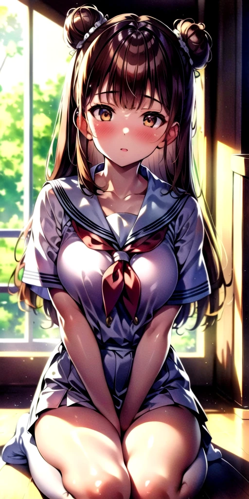 masterpiece, 4k, high quality, highly detailed, detailed face, HDR, vivid colors, natural lighting, amazing background, in school, sunlight, 1girl, medium breasts, white skin, school uniform, double bun, long hair, brown hair, seiza