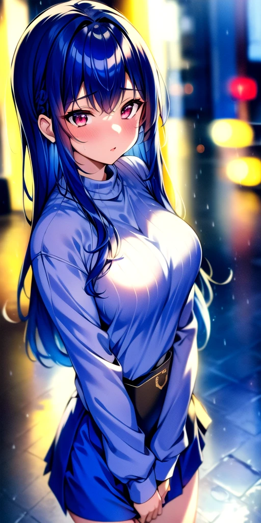 masterpiece, 4k, high quality, highly detailed, detailed face, HDR, vivid colors, natural lighting, city, rainy girl, 1girl, solo, medium breasts, blue hair, long hair, red eyes, sweating, blue skirt, blue pullover, oversized pullover, from above