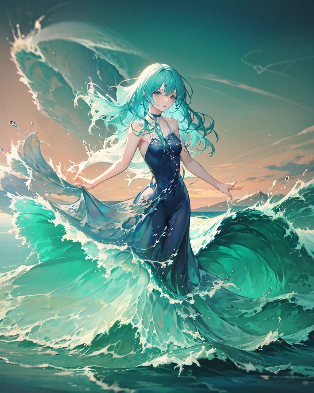 1girl,solo,light_blue_hair,liquid hair, long hair,floating hair, full body, standing,sundress, liquid clothes, water,waves, tsunami,tide,sea,water dress, <lora:LiquidClothesV1:1>