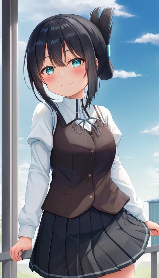 <lora:Washio_Sumi-10:1>,Washio Sumi,masterpiece, best quality, 1girl,solo,turquoise eyes,smile, black hair,folded ponytail, school uniform,pleated skirt, black skirt, long sleeves, ribbon, puffy sleeves, vest, blush, hair between eyes