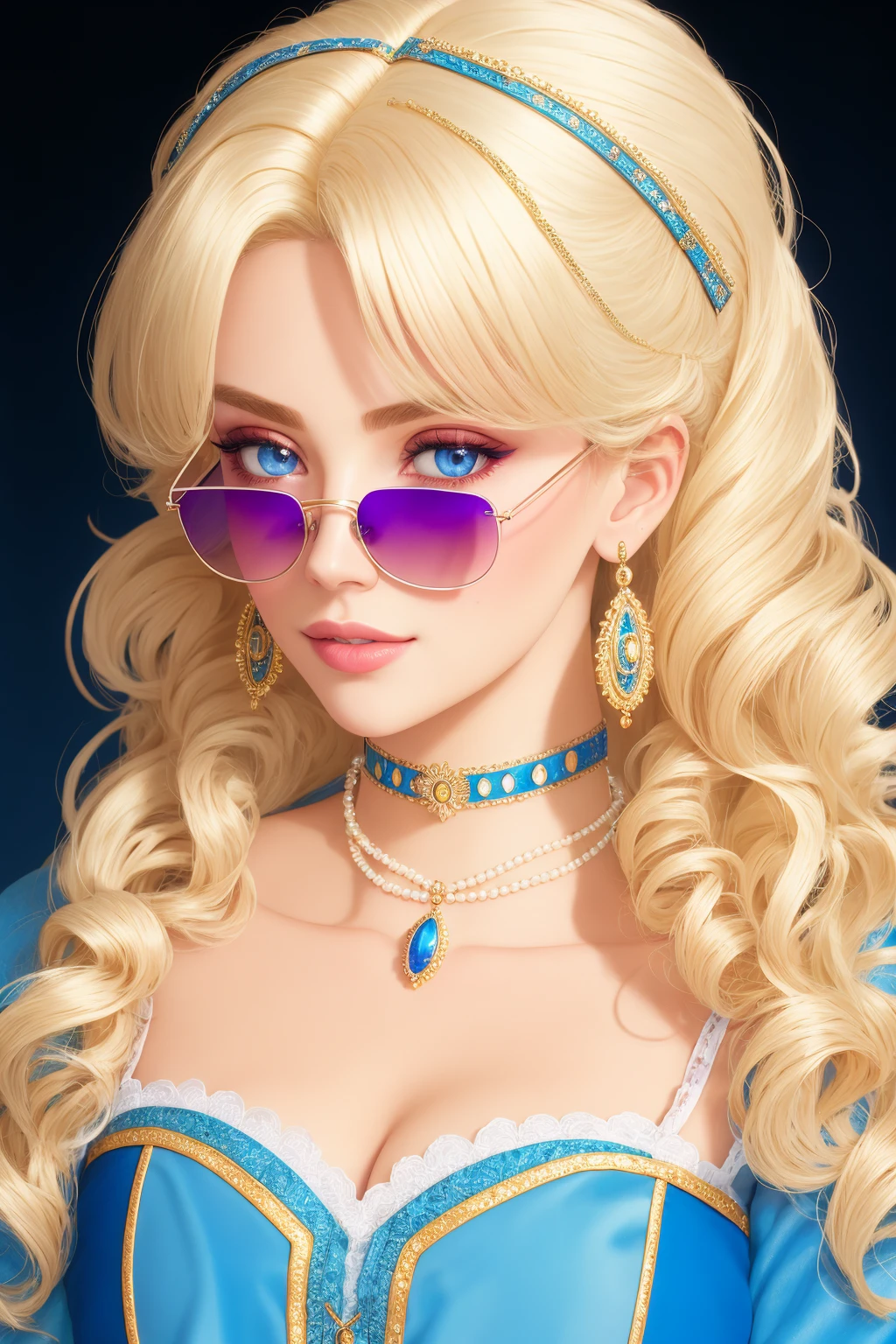 4K, Masterpiece, highres, absurdres, blonde Nadia with a choker and sunglasses, <lora:Nadia:0.3>
1girl, solo, looking at viewer, blue eyes, blonde hair, dress, ribbon, jewelry, hair ribbon, necklace, mole, lips, makeup, lipstick, portrait, eyeshadow, curly hair, realistic, pearl necklace, with edgMarquise hairstyle,face focus, face shot, portrait
<lora:edgMarquise:0.9>