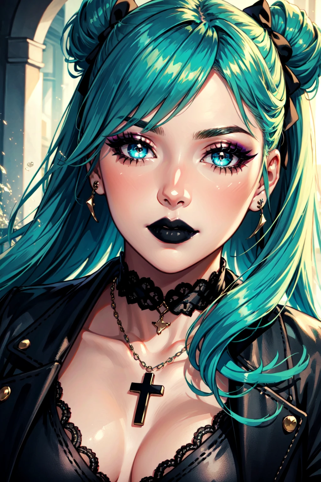 masterpiece, best quality, 1girl, solo, long hair, twin tails, hair buns, green hair,bangs, makeup, black lips, lipstick, mascara, eyeshadow, cross necklace, hair bow, front bow, lace jacket, sexy, lace gloves, fishnets, black leggings, Pastel goth, dynamic angle, side lighting, shiny skin, detailed eyes, detailed face, water flowing, wind swept hair, glitter