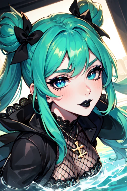 masterpiece, best quality, 1girl, solo, long hair, twin tails, hair buns, green hair,bangs, makeup, black lips, lipstick, mascara, eyeshadow, cross necklace, hair bow, front bow, lace jacket, sexy, lace gloves, fishnets, black leggings, gothic attire, dynamic angle, side lighting, shiny skin, detailed eyes, detailed face, water flowing, wind swept hair, glitter ,