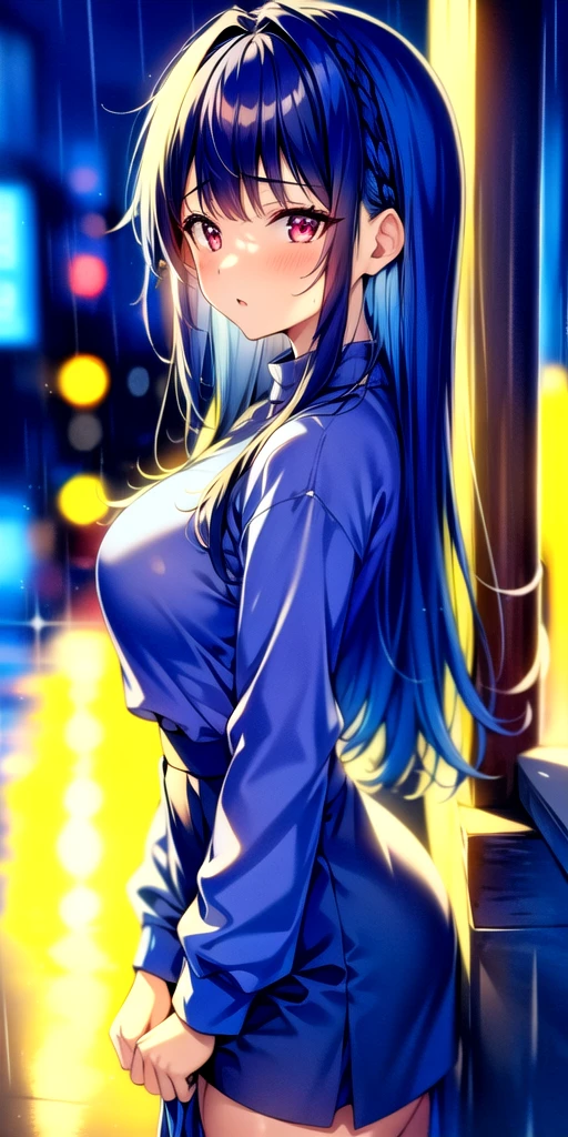 masterpiece, 4k, high quality, highly detailed, detailed face, HDR, vivid colors, natural lighting, city, rainy girl, 1girl, solo, medium breasts, blue hair, long hair, red eyes, sweating, blue skirt, blue pullover, oversized pullover, from above