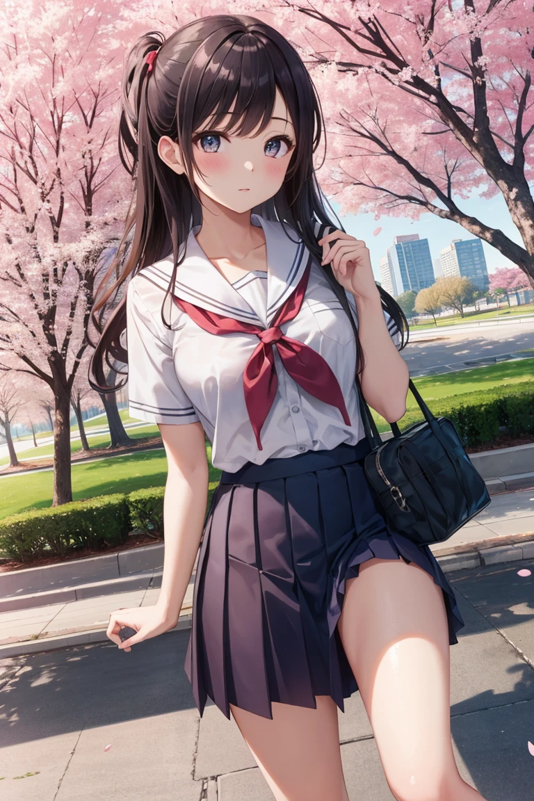 masterpiece, best quality, high resolution, extremely detailed, detailed background, cinematic lighting, 1girl, cute, medium breasts, school uniform, skirtlift, public indecency, looking at viewer, buildings, outdoor, cherry blossoms, bokeh,