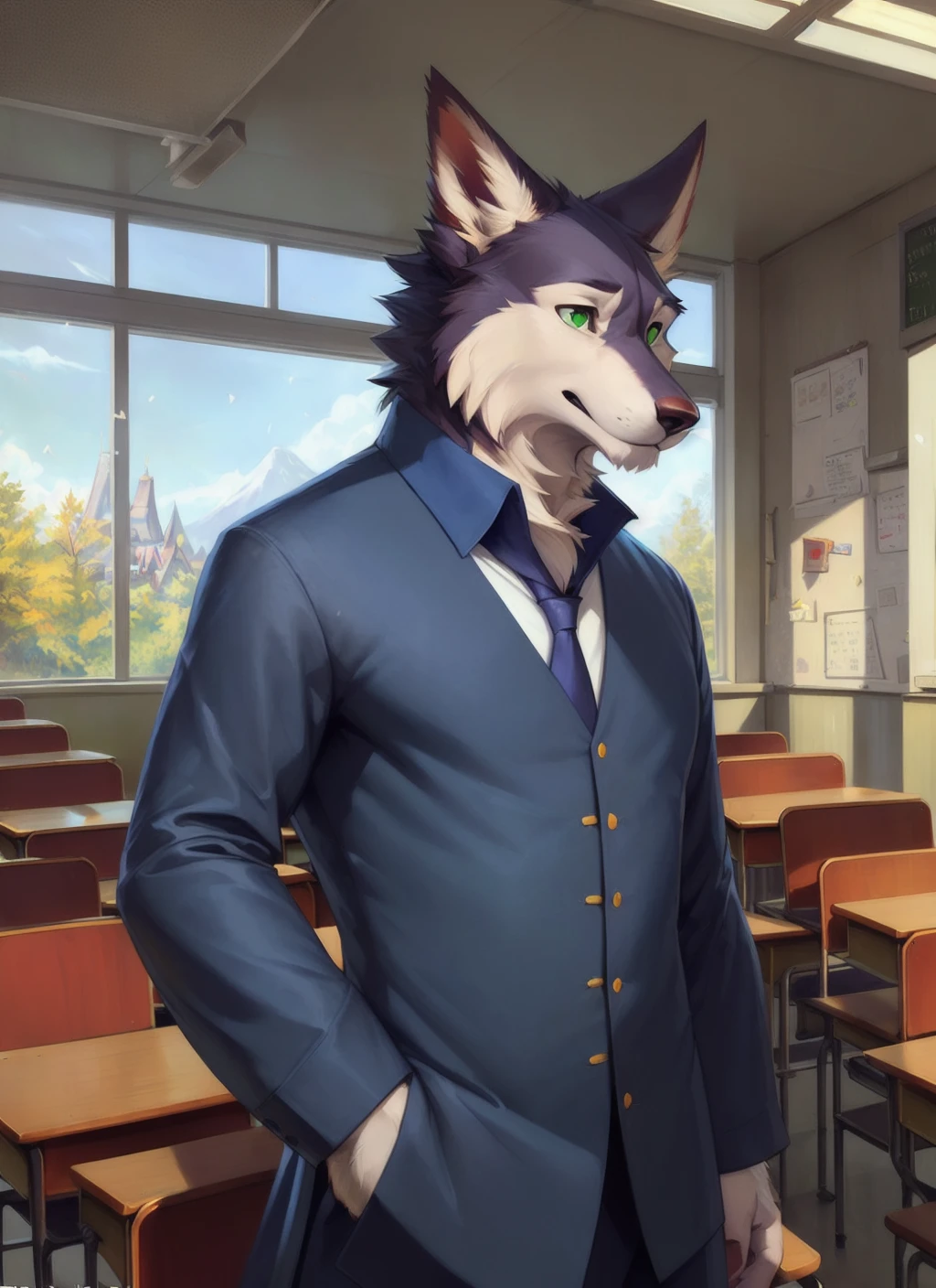 shoichi, <lora:shoichi-09:0.7>,  uploaded on e621, by Pixelsketcher, by Bayard Wu, by Thomas Benjamin Kennington , by Einshelm, solo, adult full body, school uniform, shcool, classroom, green eyes, detailed background, dark blue uniform, japanese uniform
