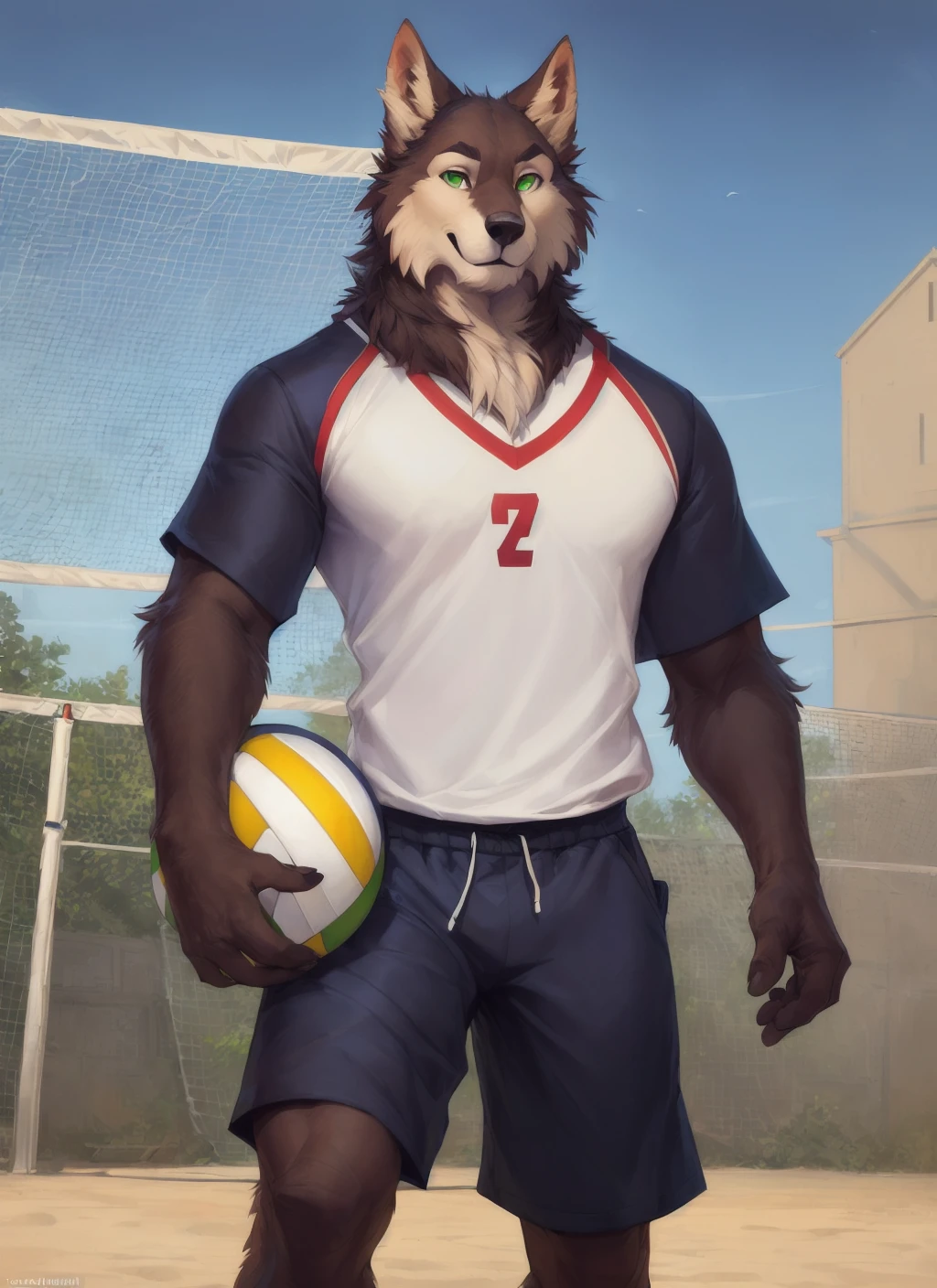 shoichi, <lora:shoichi-09:0.7>, uploaded on e621, by Pixelsketcher, by Bayard Wu, by Thomas Benjamin Kennington , by Einshelm, solo, full body, volleyball uniform, volleyball, volleyball court, green eyes