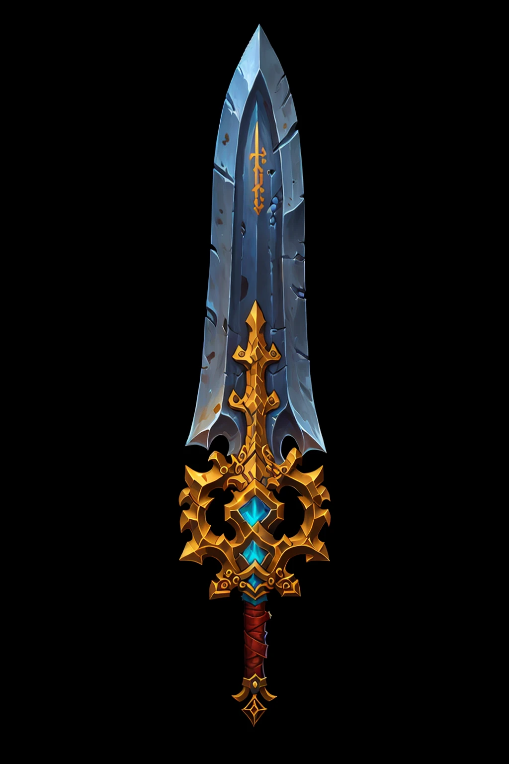 Game Art of battle sword in Painting Comix art style, <lora:Pecha_Swords_LORA_V1.4-000007:0.8>, best quality, Trending on Artstation, masterpiece, holy with golden ornament