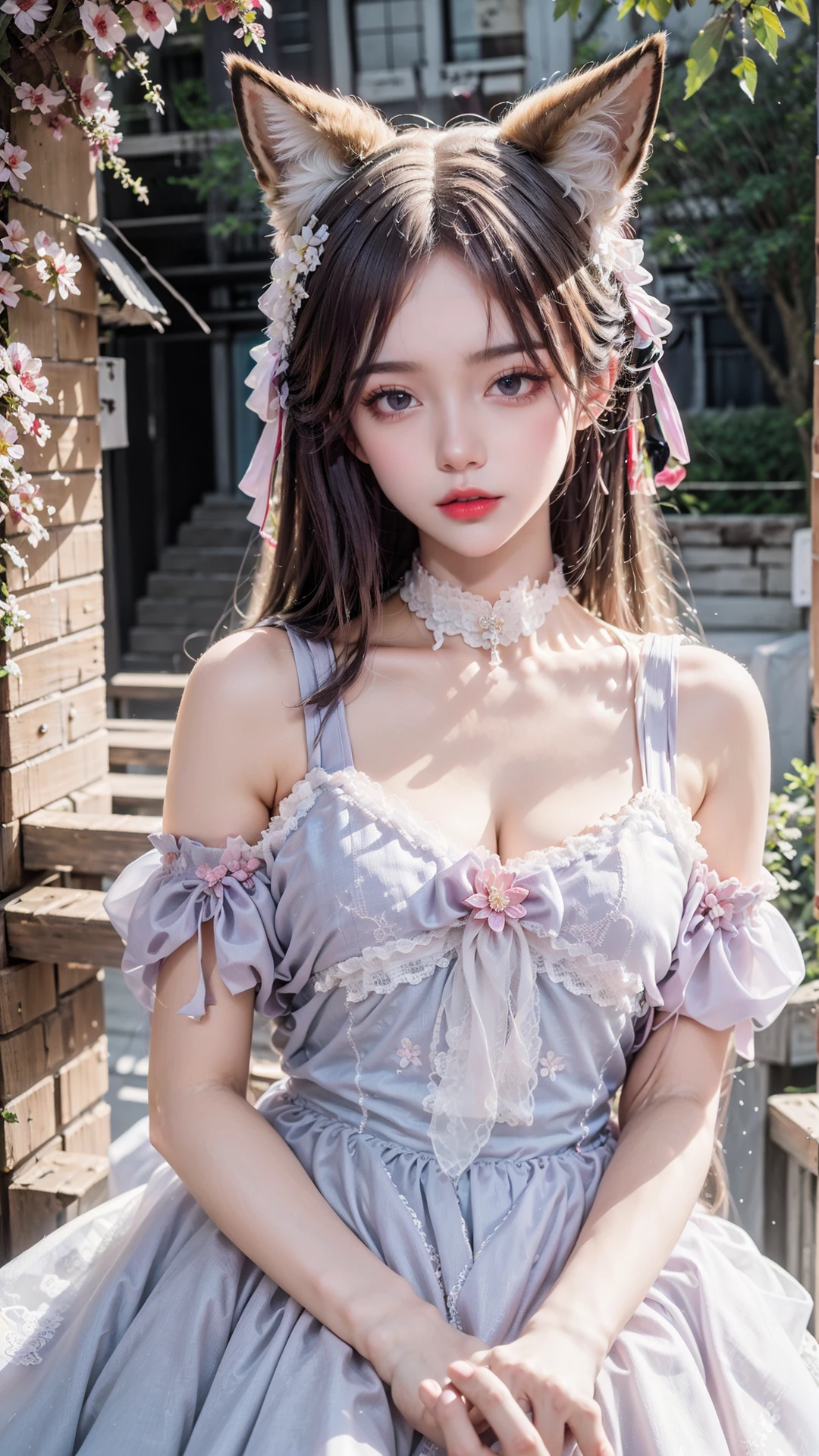 face lighting,bright backlight,medium breasts,super high resolution,best quality,Photos,4k,(Realistic:1.2),ulzzang-6500,1girl,Solo,fox ears,Garden,<lora:hunuan_02:0.7>,filmg,<lora:胶片风filmg:0.5>,ta_dress,<lora:洛丽塔lolita_dress:0.5>,(Long hair:1.2),Stand,(Bust:1.2),