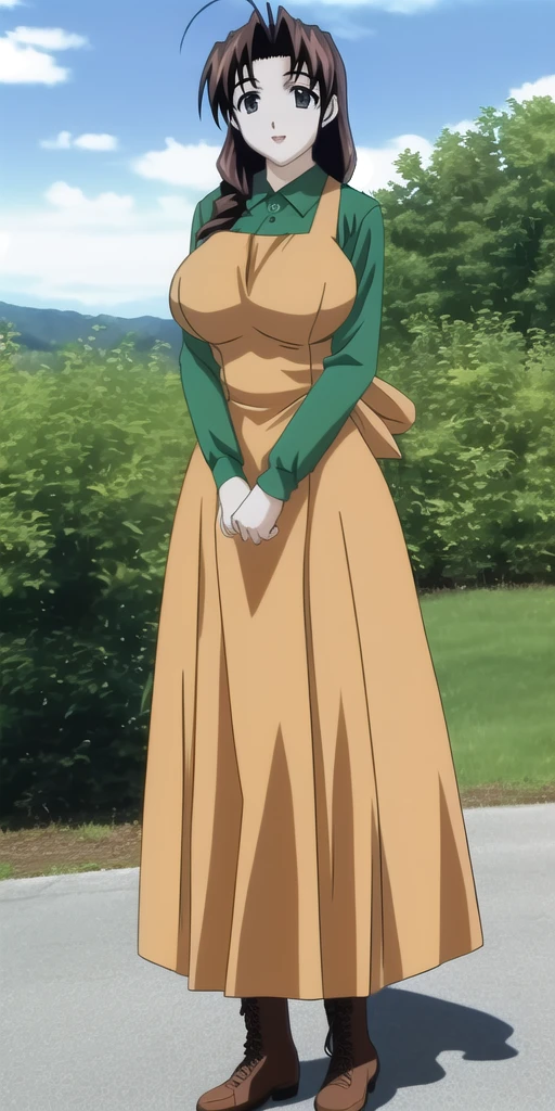 masterpiece, best_quality, highres, <lora:LHMutsumiOtohime:0.7> LHMutsumiOtohime, solo, standing, large_breasts, GreenBrownDress