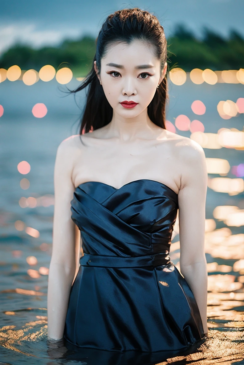 songyi, chineseidol, 1girl, solo,flat chest, (night:1.4), standing in the middle of water, wet blue dress, upper body, dark sky,