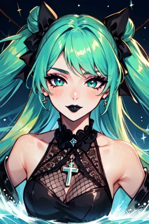 masterpiece, best quality,  1girl,  solo, long hair, twin tails, hair buns, green hair,bangs,  makeup, black lips, lipstick, mascara, eyeshadow,  cross necklace, hair bow, front bow,  lace jacket, sexy, lace gloves, fishnets, black leggings, gothic attire, dynamic angle, side lighting, shiny skin, detailed eyes, detailed face, water flowing, wind swept hair, glitter ,