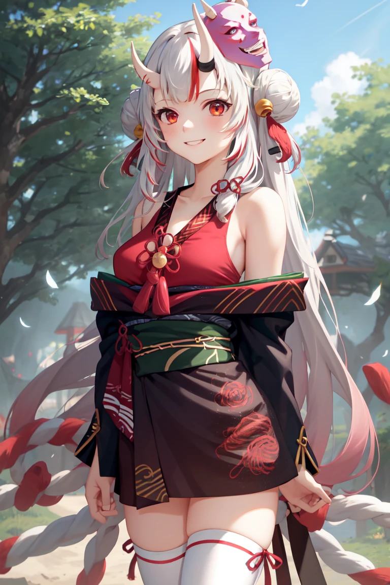 masterpiece, best quality, absurdres, perfect anatomy, 1girl, solo, Nakiri Ayame, long hair, double bun, AyameBase, black kimono, hair bell, obi, white thighhighs, bare shoulders, long sleeves, oni mask, mask on head, outdoors, standing, sakura tree, arms behind back, smile