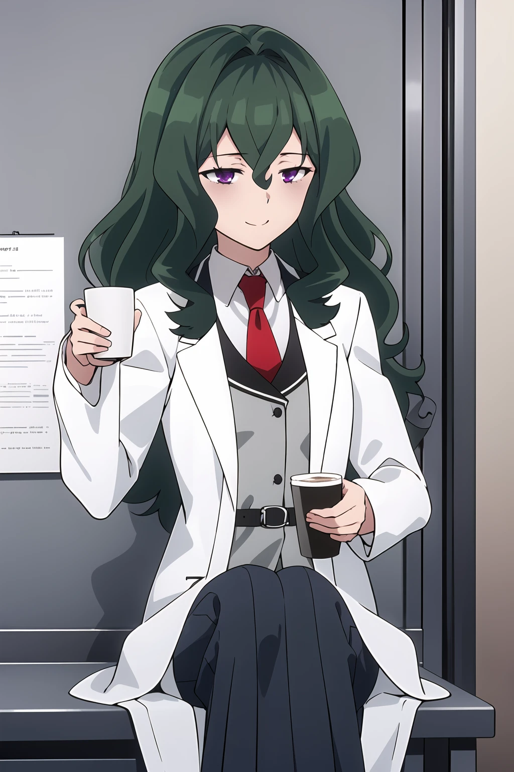 masterpiece, 1girl, fuwa hyouka, green hair, long skirt, purple eyes, neck collar, red tie, labcoat, sitting, holding coffee cup, smile, break room, bright, (bags under eyes), best quality