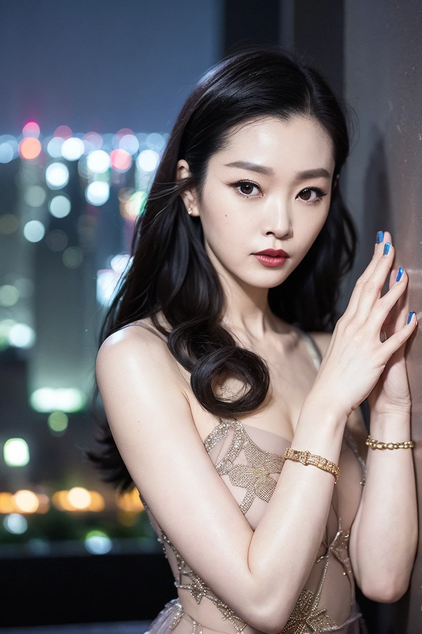 songyi, chineseidol, 1girl, flat chest,  cowboy shot, 
(Photo shot from above of a beautiful standing girl at the corner of a high-rise building, who is watching an awe-inspiring long exposure shot of the city at night with a dramatic contrast between the dark sky and the brightly lit cityscape, trending on Artstation)
masterpiece, best quality, realistic, photo-realistic, RAW photo, extremely detailed CG unity 8k wallpaper,